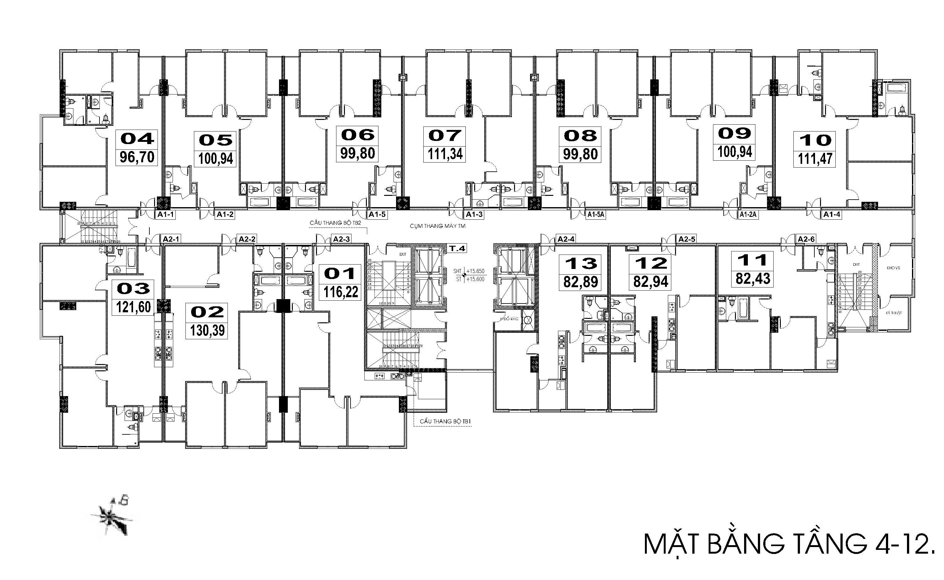 Mặt bằng tầng 4 - 12 chung cư sapphire palace